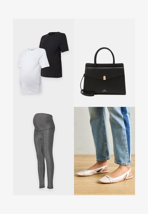 Kaksi lyhythihaista äitiys t-paitaa: toinen valkoinen ja toinen musta. Molemmissa on pyöreä kaula-aukko ja pehmeä, sileä puuvillakangas mukavuutta varten.; Raskaudenaika leggingsit joustavasta, metallinhohtoisesta mustasta kankaasta. Korkea vyötärö takaa mukavuuden, hoikka istuvuus lahkeissa ja sileä pinta.; Vaaleanpunaiset slingback-ballerinat, joissa on terävä kärki, valmistettu sileästä nahkamaisesta materiaalista. Sivujen leikkuuyksityiskohdat ja tasapohja.; Musta nahkainen käsilaukku, jossa on rakennettu muoto, kultasävyinen solki, kaksinkertaiset kahvat ja säädettävä olkahihna. Logo näkyy edessä.