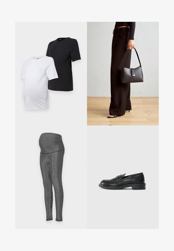 Duos trumpų rankovių nėštumo marškiniai: vieni balti, kiti juodi. Abu pasižymi apvalia iškirpte ir minkšta, lygaus medvilnės audiniu, užtikrinančiu komfortą.; Nėštumo leggingai iš tamprių, metalizuotų juodų audinių. Aukštas liemuo, sukurtas komfortui, gražiai priglustantis prie kojų, su lygiu paviršiumi.; Juodi odiniai mokasinai su apvalia nosimi, siuvinėtu raštu ir nedideliu kulnu. Lygus paviršius ir lanksti guma. ; Juodas rankinė struktūrizuota forma, lygi tekstūra ir metalinis užsegimas. Suporuota su plačiomis juodomis kelnėmis ir atvirais bateliais ant medinių grindų.