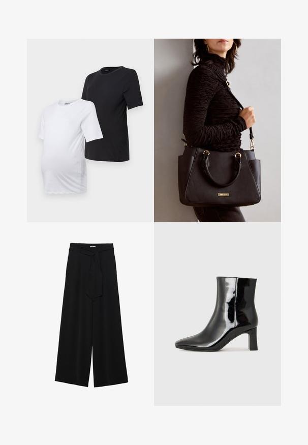 Duas t-shirts de maternidade de mangas curtas: uma em branco e outra em preto. Ambas têm decote redondo e são feitas de um tecido de algodão suave e confortável.; Calças largas pretas com um tecido texturizado, uma cintura elástica e um laço destacável na cintura para um ajuste ajustável.; Botim de tornozelo em pele sintética preta com bico apontado e salto bloco de altura média. Textura suave e design minimalista.; Bolsa preta com superfície texturizada, alças superiores duplas e alça de ombro ajustável. Apresenta ferragens em tom dourado e bolsos laterais.