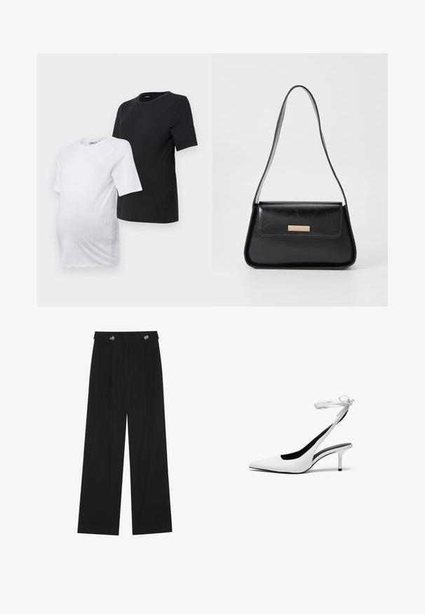 Dve tehotenské tričká s krátkym rukávom: jedno biele a jedno čierne. Obe majú okrúhly výstrih a sú vyrobené z mäkkej hladkej bavlny pre pohodlie.; Čierne široké nohavice s vysokým pásom, so zapínaním na gombíky na páse a prednými sklady.; Biele lodičky s ostrou špičkou a otvorenou pätou, s tenkým remienkom okolo členku. Hladká kožená látka, tenký ihlový podpätok a čierne vnútorné podšívenie.; Čierna kožená kabelka so štruktúrovaným trojuholníkovým tvarom, štíhlym popruhom a zlatými kovovými detailami, ktoré obsahujú logovú plaketu na prednej klapke.