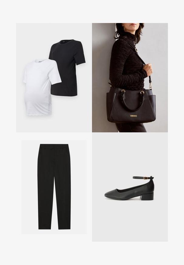 To korte ærmel t-shirts til gravide: en i hvid og en i sort. Begge har rund halsudskæring og blødt, glat bomuldsstof for komfort.; Sorte bukser med en skræddersyet design, der har sidelommer og lige ben. Lavet af glat, letvægtsstof med en elegant finish.; Sorte læderpumper med spids tå og en lav blokhæl. Har en ankelrem med en guldfarvet spænde. Glat tekstur.; Sort håndtaske med struktureret overflade, dobbelt topbærere og justerbar skulderrem. Udstyret med guldfarvet metalhardware og sidelommer.