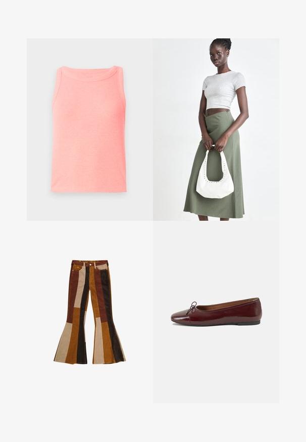 Ribana roza majica bez rukavov s okruglim izrezom. Tkanina deluje meko, s malo strukturirano površino.; Bombažna široka hlače iz korduroja, ki imajo vertikalne črte v rjavi, bež in gorčični barvi. Poseben dizajn z visokim pasom in petimi žepi.; Burgundska patenti usnjeni baletni čevlji z zaobljenim prstom, majhnim lokom na sprednji strani in nizkim črnim gumijastim podplatom. Gladka tekstura.; Sivina rebrasta kratka majica in olivno zelena krila z visokim pasom. Model drži belo torbico za na rame s izrezljanjem. Preprost dizajn, oprijet silhueta.