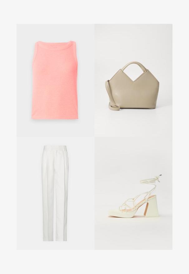 Roza rebrasta majica bez rukava s okruglim izrezom. Tkanina izgleda mekano s blago teksturiranom površinom.; Bijele hlače s prugicama ravnog kroja, izrađene od laganog materijala. Imaju nabore sprijeda i tradicionalni pojas.; Bijela sandala na visokoj potpetici s debelim petom, s remenom i vezanjem oko gležnja. Glatka tekstura s platformom sprijeda za dodatnu visinu.; Bež torba sa strukturom i V-oblikovanim vrhom, napravljena od glatke kože, sa kratkim drškama i dugim podesivim remenom. Minimalistički dizajn.