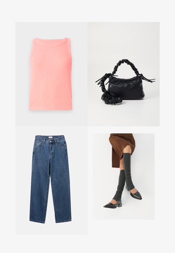 Rózsaszín bordázott ujjatlan top kerek nyakkivágással. Az anyag lágynek tűnik, enyhén textúrált felülettel.; Klasszikus kék farmernadrág egyenes szárú dizájnal, öt zsebbel és gombos zárással. Közepes mosású és strapabíró textúrával rendelkezik.; Fekete lakk bőrből készült, hegyes orrú cipők, tömbsarkúakkal és bokapánttal, szürke bordás lábszármelegítőkkel és barna velúr szoknyával párosítva.; Fekete műbőr kézi táska krokodil bőr textúrával, összehúzható tetejű és gyűrt pánttal. Lágy és kompakt dizájnúnak tűnik.