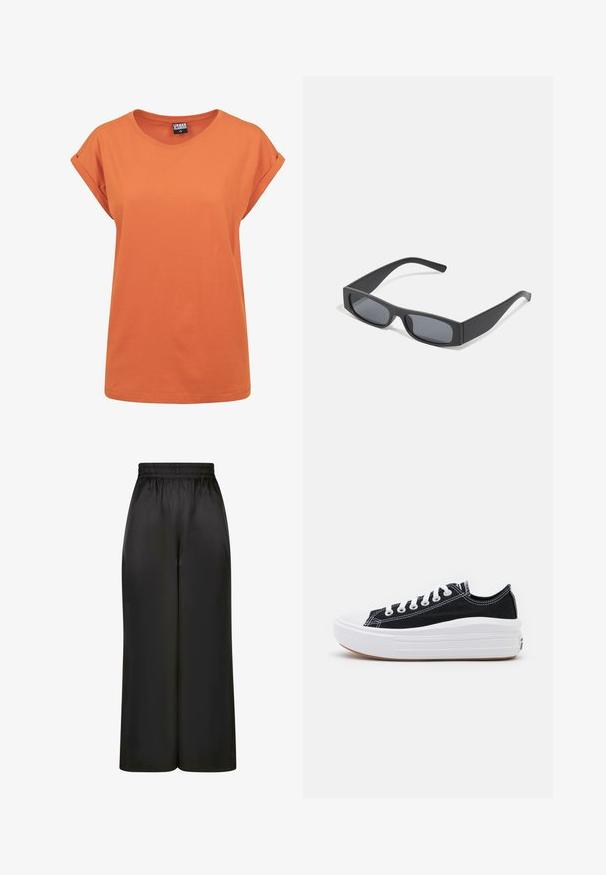 Oranž puuvillane T-särk mugava lõikega, ümar kaelus ja rullitud lühikesed varrukad. Lihtne disain ilma nähtavate mustrite või aksessuaarideta.; Mustad laiad püksid, mis on valmistatud siledast, läikivast kangast, millel on elastne vöökoht ja ilma nähtavate taskute või riistvara detailideta.; Mustad mustad kingad valgete paeltega, valge kummist varbakattega ja paksu valge vaheosaga. Omab diskreetset valget õmblust ja kummi talla.; Mustad ristkülikukujulised prillid tumepruunide objektiividega ja paksude mattmustade raamidega. Raamide varred on veidi kitsenenud ja neil on sile tekstuur.