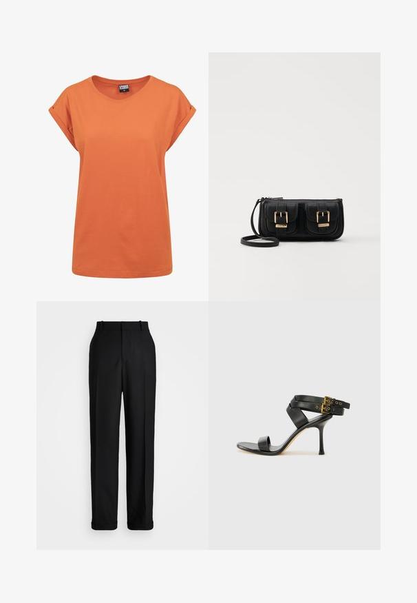 Orange bomulds T-shirt med afslappet pasform, rund halsudskæring og foldede korte ærmer. Simpelt design uden synlige mønstre eller accenter.; Polo Ralph Lauren HIGH RISE RELAXED STRAIGHT TROUSER - Bukser - black; Sort hæl-sandal med krydsede stropper og justerbar spænde. Har en glat overflade og spids stilettohæl.; Sort læder crossbody taske med to frontlommer, guldspænder, lynlåslukning og en slank rem. Struktureret overflade og kompakt rektangulær form.