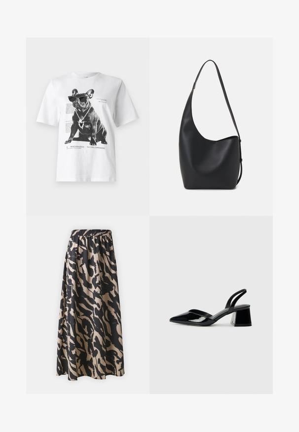 Hvit grafisk t-skjorte med en svart fransk bulldog som har solbriller og et hjerteformet halskjede, med trykt tekst og design detaljer.; Svart og beige lang skjørt med elastisk midjebånd, med et abstrakt dyremønster og en flytende silhuett.; Svarte patentlær slingback hæler med spiss tå og geometrisk blokk hæl. Har et stilrent, minimalistisk design og jevn tekstur.; Svart lær hobo-veske med glatt tekstur, buet form og enkelt justerbart stropp; har en bred åpning på toppen.
