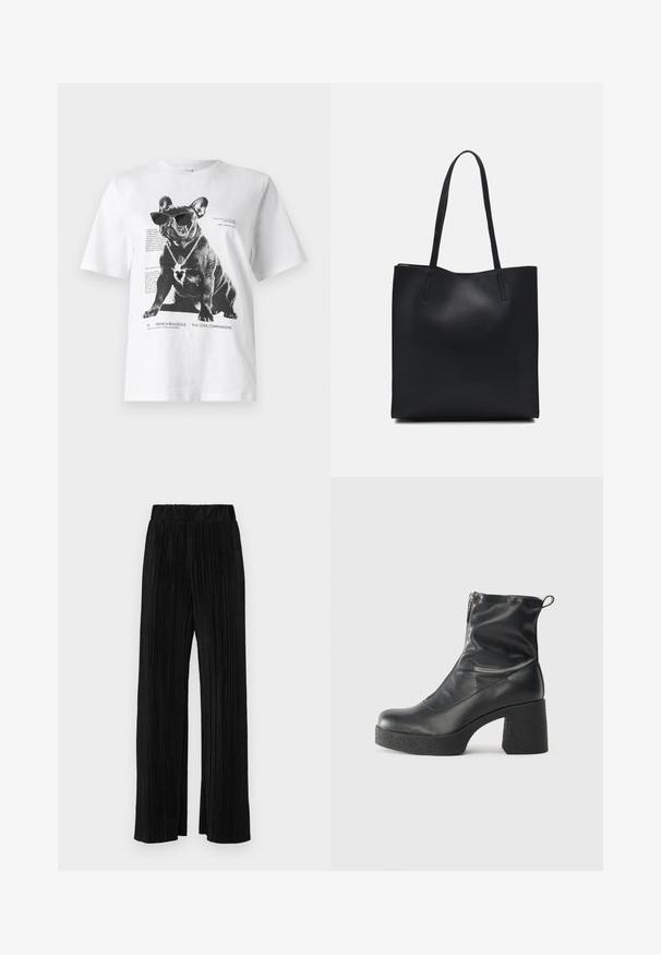 Bela grafična majica s kratkimi rokavi, na kateri je natisnjen črn francoski buldog, oblečen v sončna očala in srčasto ogrlico, skupaj s tiskanim besedilom in oblikovalskimi podrobnostmi.; Črne plisirane hlače z elastičnim pasom. Imajo široke noge in gladko, teksturirano tkanino z navpičnimi črtami.; Črne gležnjarje iz gladke kože z božnim zadrgo, masivnim teksturiranim peto in zaobljeno obliko prstov.; Črna usnjena torba s svilnato teksturo, pravokotne oblike in dvema dolgima ročajema. Brez vidnih metalnih delov ali okrasnih elementov.