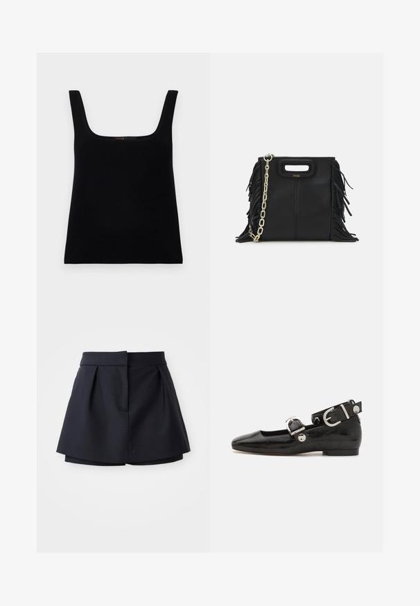 Musta, hihaton toppi, jossa on neliön muotoinen kaula-aukko. Valmistettu sileästä kankaasta, joka sisältää yksinkertaisen muotoilun ja ommellun logon yksityiskohdan sisäpuolella.; Laivaston siniset laskostetut shortsit korkealla vyötäröllä, jotka on valmistettu sileästä kankaasta. Ominaisuuksiin kuuluvat istuva malli ja piilotettu etutasku.; Musta patenttinahkainen tasapohjainen kenkä suoralla varvastyöllä, nilkkahihna hopeisilla yksityiskohdilla ja tasainen pohja. Sileä pinta ja minimalistinen muotoilu.; Musta nahkakäekott, millel on frantsiisidetailid, kuldne õlgade rihm ja lõikega käepide. Ees on logo paigutus.