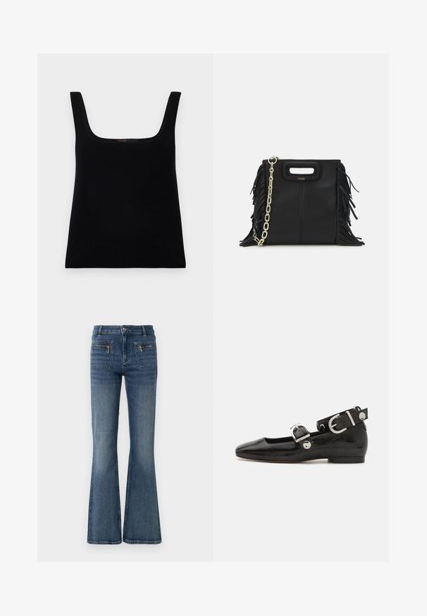 Czarna, bezrękawnikowa koszulka z kwadratowym dekoltem. Wykonana z gładkiego materiału, wyróżniająca się prostym wzorem i wyszywanym logo wewnątrz.; Niebieskie dżinsy z rozkloszowanym fasonem i średnim stanem, z kieszeniami z przodu i z tyłu oraz delikatnym wyblakłym efektem.; Czarne lakierowane baleriny z kwadratowym noskiem, z paskiem na kostkę z metalowymi elementami w kolorze srebrnym oraz płaską podeszwą. Gładka textura i minimalistyczny design.; Czarna skórzana torebka na ramię z frędzlami, złotym łańcuszkiem oraz wyciętym uchwytem. Posiada umieszczone na przodzie logo.