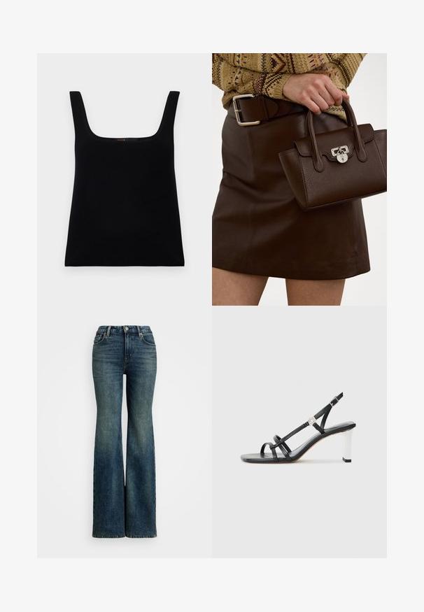 Black, sleeveless tank top with a square neckline. Made of smooth fabric, featuring a simple design and a stitched logo detail inside.; Faded blue flared jeans made of denim. High-waisted design with a classic 5-pocket style and visible stitching details.; Black heeled sandals with multiple narrow straps, a slingback design, and a silver accent on the heel. Smooth upper material and square heel.; Brown leather handbag with a textured finish and silver hardware, held with a hand beside a brown leather skirt and patterned sweater.