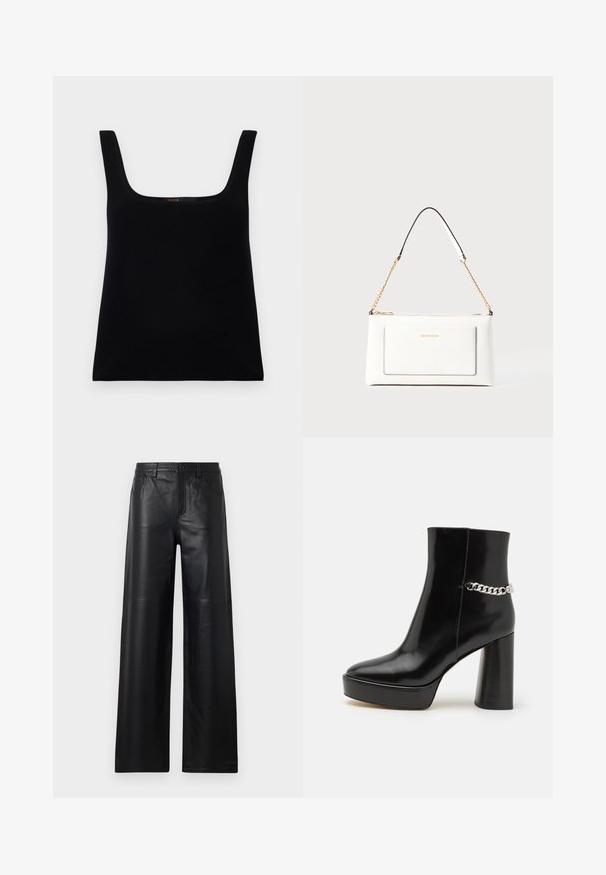 Černý bezramenný dámský top se čtvercovým výstřihem. Vyrobený z hladkého materiálu, s jednoduchým designem a vyšitým logem uvnitř.; Široké černé kožené kalhoty s hladkou texturou, s předními kapsami, zapínáním na knoflík a jemnými švy.; Černá lakovaná kotníková bota s robustní platformou a vysokým blokovým podpatkem. Na boku má stříbrný řetěz jako akcent. Hladký povrch.; Bílá kožená kabelka s texturovaným povrchem, zdobená zlatým řetízkem a černými akcenty. Obsahuje přední kapsu a uzavírání na zip.
