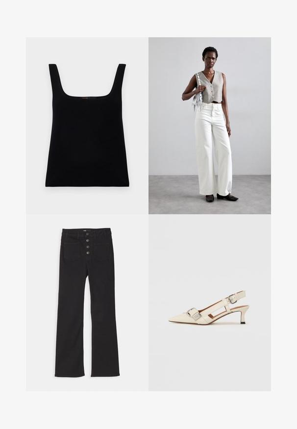Schwarzes, ärmelloses Tanktop mit quadratischem Ausschnitt. Hergestellt aus glattem Stoff, mit einem schlichten Design und einem genähten Logodetail innen.; Schwarze, ausgestellt geschnittene Jeans aus Denim mit hoher Taille, fünf Taschen und einem frontalen Knopfverschluss mit vier Metallknöpfen.; Weiße Leder-Slingback-Schuhe mit spitzer Zehe, kleinem Absatz und verstellbarem Riemen, der eine auffällige silberne Schnalle aufweist.; Grauer, verkürzter Weste mit Knöpfen, kombiniert mit weißen, weit geschnittenen Jeans und schwarzen flachen Schuhen. Ergänzt durch eine kleine silberne Fransenhandtasche.