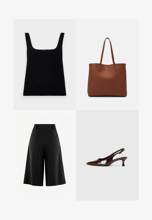 Zwarte, mouwloze tanktop met een vierkante halslijn. Gemaakt van gladde stof, met een eenvoudig ontwerp en een gestikt logo-detail aan de binnenkant.; Zwarte wijde pantalon met een geplooide voorkant, hoge taille en een soepele stofstructuur. Heeft een schone, minimalistische vormgeving zonder zichtbare hardware.; Bruine gepatineerde leren slingback-schoen met een spitse neus en een gematigd hakje. Voorzien van een gespsluiting voor een veilige pasvorm. Glad van textuur.; Bruine leren tote bag met een gladde textuur, een ontwerp met een open bovenkant en twee schouderbanden. Kenmerkt zich door minimale stiksels en geen zichtbare hardware.