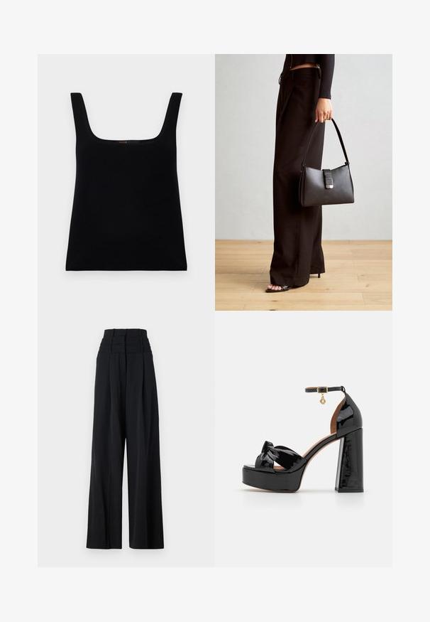 Schwarzes, ärmelloses Tanktop mit quadratischem Ausschnitt. Hergestellt aus glattem Stoff, mit einem schlichten Design und einem genähten Logodetail innen.; Schwarze weit geschnittene Hose mit hohem Bund, Vorderfalten und einer glatten Textur. Keine sichtbaren Logos oder Muster.; Maje High Heel Sandalette - noir; Schwarze Handtasche mit strukturierter Form, glatter Textur und einem metallischen Verschluss. Kombiniert mit weiten schwarzen Hosen und offenen Sandalen auf einem Holzboden.