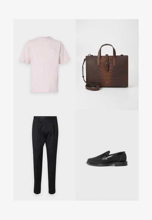 Šviesiai rožinė medvilninė marškinėliai trumpomis rankovėmis, su apvaliu kaklu ir balta užrašu „NoProblemo“ spausdintu priekyje.; Juodos kelnės pagamintos iš lygaus audinio, su raukšle priekyje, mygtuko uždarymu ir suknežintomis rankovėmis ties kulkšnimi.; Juodas pintas slip-on tipo batelis su lygiu odiniu akcentu viršuje, apvalios nosies dizainas ir žemas guminis padas.; Rudos krokodilo rašto odos rankinė su viršutinėmis rankenomis ir nuimamu peties dirželiu. Yra sagties užsegimas ir stačiakampis pavidalas.