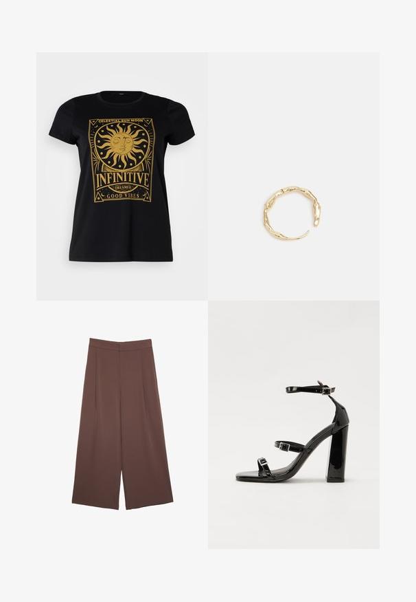 Vero Moda Curve VMMILLA FRANCIS - T-shirt print - black; Bruine wijde broek met een gladde textuur, voorzien van een hoge taille en plooien aan de voorkant. De stof is lichtgewicht en valt losjes.; Zwarte gepatenteerde sandalen met hak en een vierkante neus, enkelbandjes en zilveren gespen. Heeft een stevige blokhak voor stabiliteit.; Goudkleurige ring met een organisch, gedraaid ontwerp, een gladde textuur en taps toelopende uiteinden, waardoor een moderne, sculpturale uitstraling ontstaat.