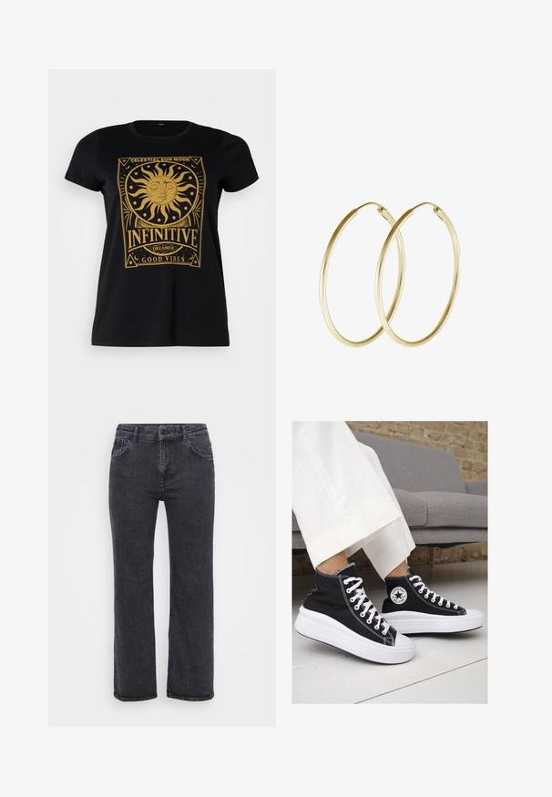 Vero Moda Curve VMMILLA FRANCIS - T-shirts print - black; Sorte denim jeans med lige ben design, fem lommer og knaplukning. Stoffet har en let falmet tekstur og robust syning.; Sorte høj-top sneakers i lærred med hvide gummisåler og snørebånd. Har et rundt logo på siden og kontrasterende hvide syninger.; Guld hoops øreringe med et glat, rundt design og en blank finish. Letvægts konstruktion med en sikker låsemekanisme.