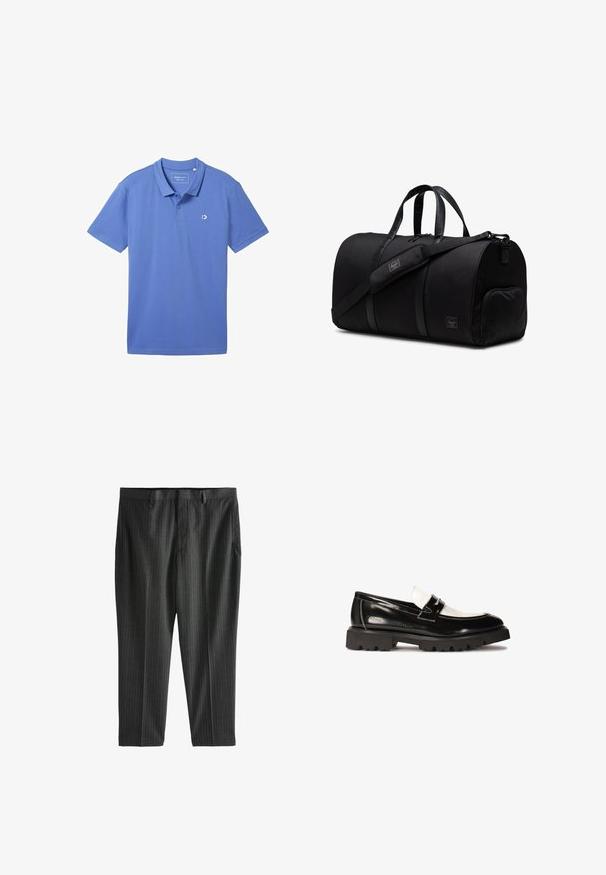 TOM TAILOR DENIM MIT LOGO - Polotričko - blueberry blue; Next STRIPE-REGULAR FIT - Chino kalhoty - charcoal grey; Černé lakované kožené mokasíny s bílým koženým akcentem, silnou černou gumovou podrážkou a vyšitými detaily. Hladký povrch s lesklým finišem.; Černá sportovní taška vyrobená z odolné tkaniny s koženými prvky, vybavená dvojitými uchy, nastavitelným ramenním popruhem a zipovou boční kapsou.