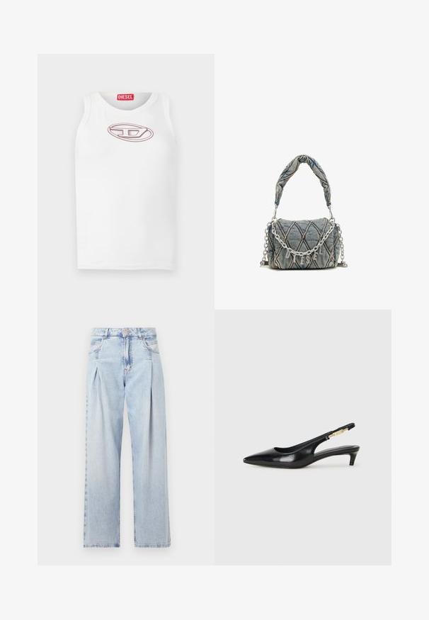 White sleeveless tank top featuring a light pink embroidered Diesel logo at the chest. Made of soft cotton material, smooth texture.; Light blue denim jeans with a high waist, wide-leg cut, two side pockets, and pleated design feature. Soft texture with a faded finish.; Black leather slingback heels with a pointed toe, featuring a slim heel and a gold-tone accent on the adjustable strap. Smooth texture.; Denim handbag with quilted pattern, blue color, short braided handle, and silver chain strap featuring metallic brand lettering detail.