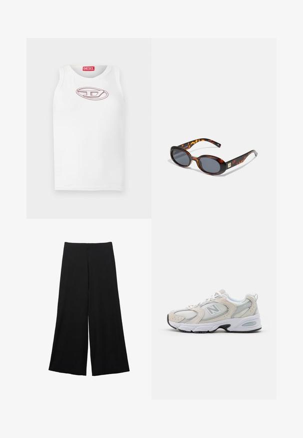 Bijela bezrukavna majica s laganim ružičastim vezom Diesel logotipa na prsima. Izrađena od mekanog pamučnog materijala, glatke teksture.; Crne široke hlače napravljene od mekanog materijala. Imaju visoki struk i glatku teksturu bez vidljivih uzoraka ili akcenta.; Atletska obuća s gornjim dijelom od svijetlosivog mrežastog materijala s nijansama antilopa, bijelim vezicama i crnom gumenom potplatom. Značajna ABZORB amortizacija.; Smeđe kornjačine naočale s ovalnim lećama i tamno sivoj nijansi. Imaju zlatni naglasak na ručkama. Glatka plastična tekstura.; Bijela torba s zakrivljenim siluetom, teksturirana koža, zlatni hardver i izmjenjiva traka s detaljima logotipa i kopčom.