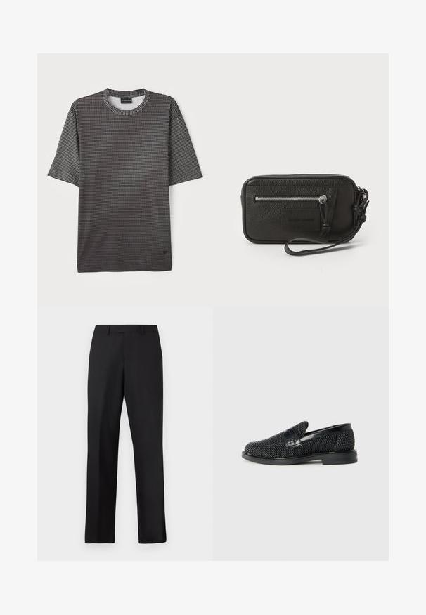 Juoda trumpa rankovėmis marškinėliai su tekstūruotu raštu, kuriame yra mažų baltų kvadratėlių, su apvalia iškirpte ir laisvu siluetu. Minkšta medžiaga su lygia apdaila.; Juodos, tiesios kojų kelnės iš lygaus audinio. Turi standartinę juosmens juostą ir neturi matomų raštų ar akcentų.; Juodas pintas slip-on tipo batelis su lygiu odiniu akcentu viršuje, apvalios nosies dizainas ir žemas guminis padas.; Juodas odinis delninukas su tekstūruotu paviršiumi, priekinė užtrauktuko kišenė ir nuimama riešo juosta. Priekyje yra logotipo etiketas. Stačiakampio formos.