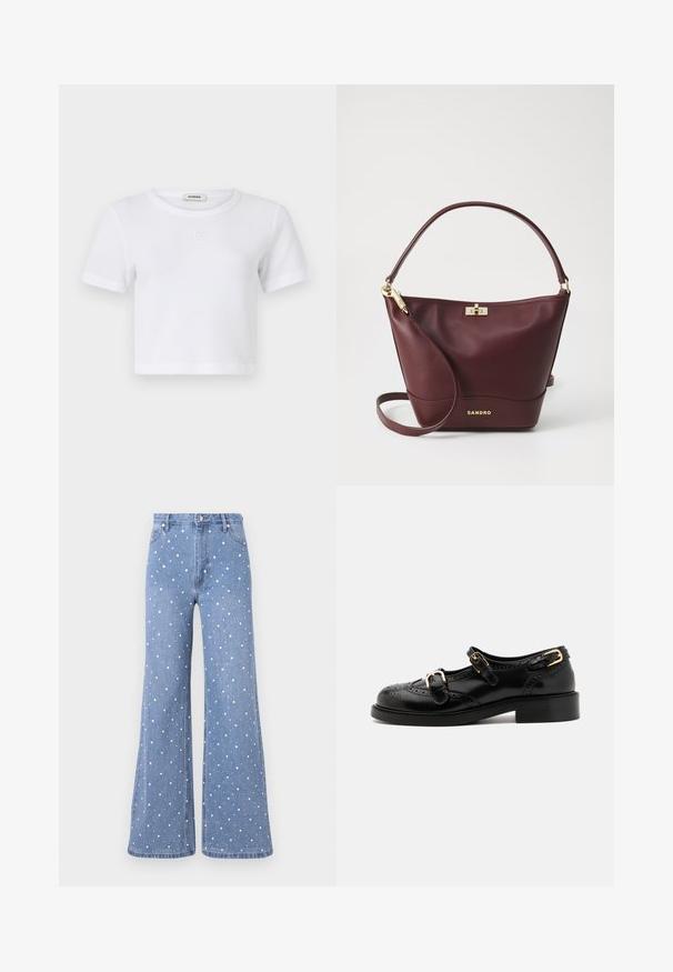 Witte, korte mouwen, ribbel T-shirt met een ronde hals. Heeft subtiele geborduurde logo op de voorkant. Zachte, lichte katoenen stof.; Lichtblauwe flared jeans met een gestippeld patroon van witte en zilveren studs, voorzien van een standaard tailleband en een sluiting met voorknop.; Zwarte leren schoenen met brogue-details, voorzien van twee gespsluitingen, een ronde neus en een lage hak. Glad oppervlak met een glanzende afwerking.; Bordeaux lederen handtas met een gestructureerde vorm, een platte bodem, een ronde handgreep en gouden accenten met een sluiting en logo-detail.