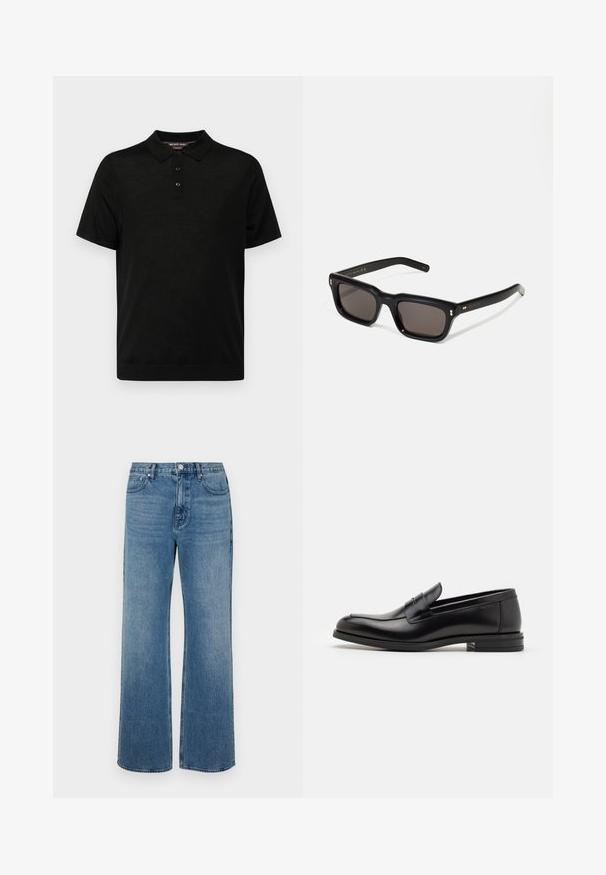 Black short-sleeve polo shirt made of smooth fabric, featuring a classic collar, three-button placket, and a fitted silhouette.; Wide-leg blue jeans made of denim with a faded finish. Features five pockets, a front button closure, and a straight cut.; Black leather loafers with a smooth texture, rounded toe, and a decorative strap across the vamp. Low stacked heel, minimalist design.; Black rectangular sunglasses with dark lenses, thick plastic frame, gold accents on temples, and brand logo engraved on the arm.; Pearl necklace with a silver-tone clasp. Features round white pearls and a decorative, rhinestone-studded centerpiece.
