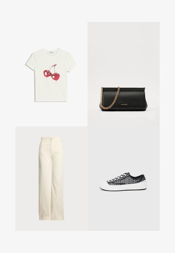 White cotton t-shirt featuring a graphic design of two red cherries with highlights, positioned center front, short sleeves, crew neckline.; Polo Ralph Lauren COTTON CORDUROY WIDE-LEG PANT - Trousers - warm white; Black and gray patterned sneakers with a white rubber toe cap and sole, featuring black laces and a textured upper design.; Black leather clutch bag with a gold chain strap, featuring a smooth texture, rectangular shape, and embossed branding on the front.