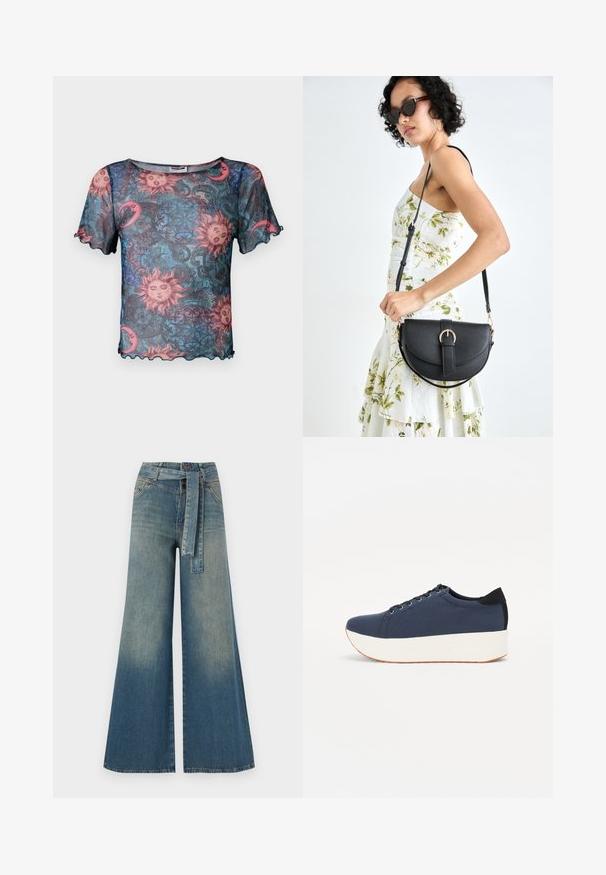 Top corto de mangas cortas y transparente con un colorido patrón de sol y luna, con bordes en forma de concha y un ajuste suelto y relajado. Fondo predominantemente azul.; Pantalones de mezclilla de pierna ancha con un degradado de azul claro a oscuro, cintura alta, trabillas para cinturón y un cinturón de tela a juego. Acabado de mezclilla texturizada.; Zapatilla de color azul marino con parte superior de tejido texturizado, suela de plataforma blanca, punta redondeada y acento en el talón negro. Cuenta con seis ojales para los cordones.; Bolso de piel negra con forma curva, correa desmontable y herrajes dorados. El bolso cuenta con una solapa con un detalle de hebilla.