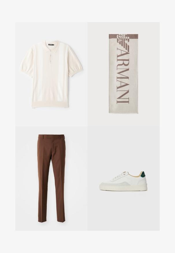 Krémová polo košeľa s krátkym rukávom a hladkou textúrou, obsahujúca tri gombíky, jemné vertikálne pruhy a klasický dizajn goliera.; Hnedé nohavice v priliehavom strihu s plochým predným dielom, rovnými nohavicami, hladkou textúrou a pútkami na opasok. Žiadne viditeľné vzory ani detaily z hardvéru.; Biele tenisky s semišovými akcentmi, zaoblenou špičkou, plochými šnúrkami a krémovou gumovou podrážkou. Na päte sú zelené značky.; Béžová šatka s logom "ARMANI" v hnedej farbe. Obdĺžnikový tvar s jemnou textúrou a strapcami na okrajoch. Minimalistický dizajn, vysoko kvalitný materiál.