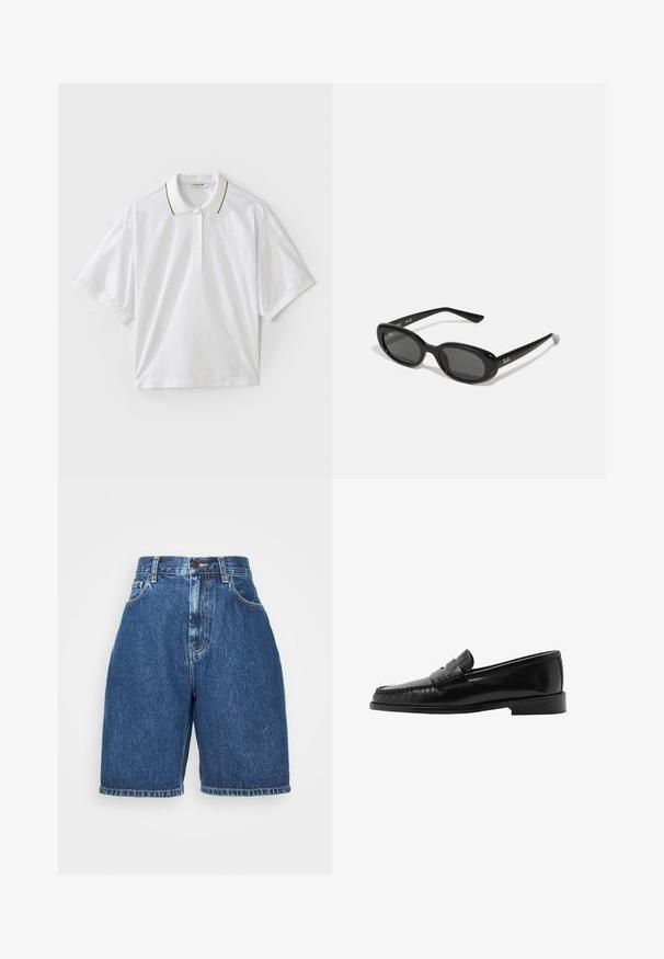 Biela polo košeľa s krátkymi rukávmi, s gombíkovou légou, zelenými a žltými detailmi na golieri a bočnými sieťovinovými prvkami. Prítomné logo LACOSTE.; Džinsové šortky s vysokým pásom, v tmavomodrej farbe. Obsahujú klasický päť-pocket štýl, rovný strih a prehnutý lem. Materiál: bavlna.; Čierne kožené mokasíny s zakrivenou siluetou, dekoratívnym pásikom, textúrovaným šitím a plochou gumovou podrážkou. Hladký povrch a elegantný dizajn.; Čierne slnečné okuliare s oválnymi šošovkami, lesklý plastový rám a štíhle ramienka. Na boku majú biele logo Ray-Ban.