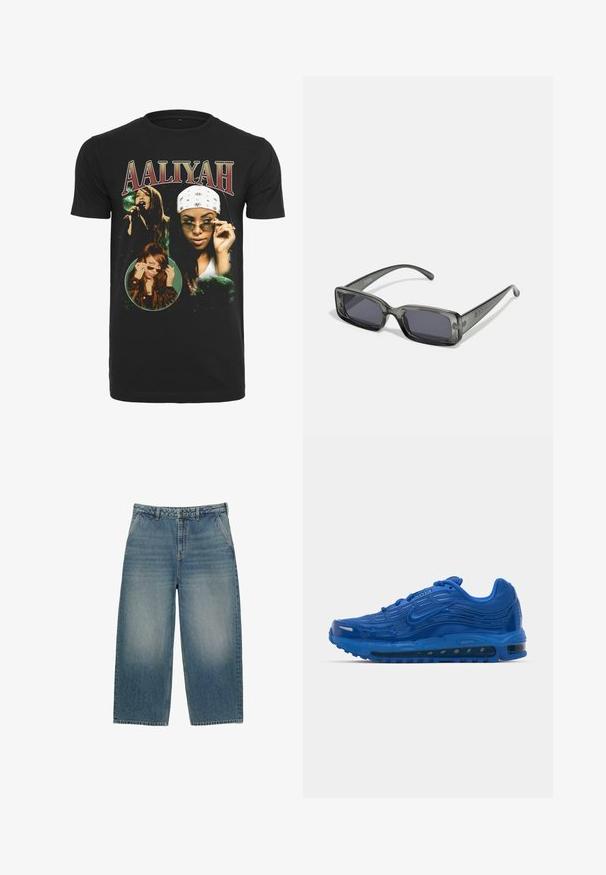 Črna bombažna majica s slikami Aaliyah, z belimi in zelenimi grafičnimi elementi ter bold rdečim napisom "AALIYAH."; Svijetloplave traper hlače širokih nogavica s visokim strukom, prednjim džepovima i izblijedjelim završetkom. Sadrže suptilne nabore na bedrama.; Modra športna obutev iz mrežastega materiala in gume z teksturirano zgornjščino, vidnim zračnim blaženjem in vzorčastim podplatom. Ponuja odsevne detajle.; Prizmatične sončne očala s pravokotnim okvirjem iz prosojnega temno sive barve, temnimi lečami in ozkimi ročaji. Opazna podrobnost logotipa na okvirju.