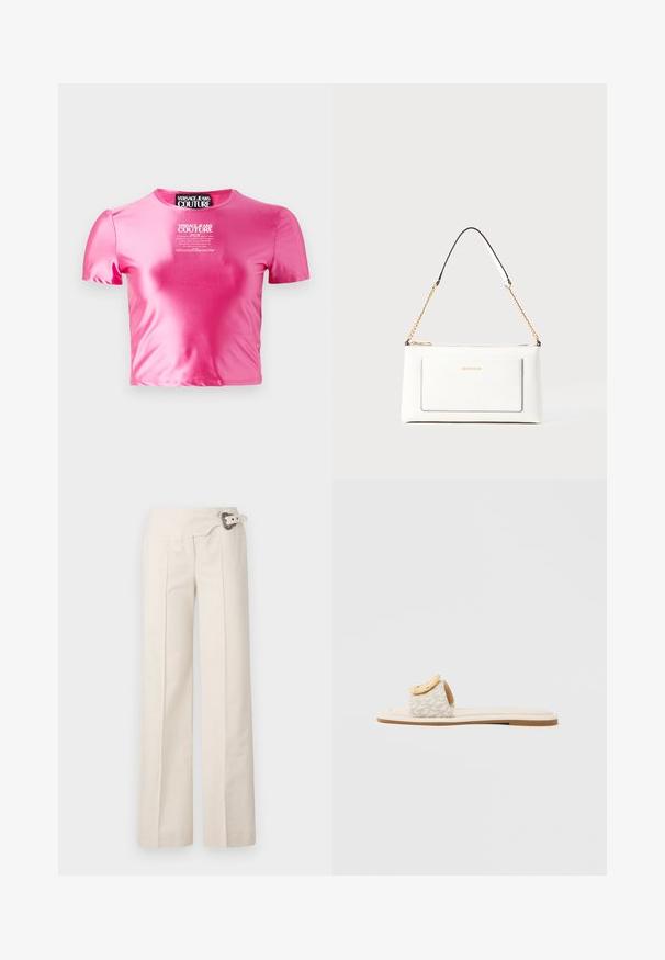 Pink cropped t-shirt made of a smooth, shiny fabric. Features short sleeves and a crew neckline with white text logo in the center.; Wide-leg trousers in cream fabric with a textured surface. Features side pleats and a decorative belt with a circular buckle accent.; Slide sandal featuring a beige strap with a geometric pattern, a rounded yellow accent on the upper, and a flat, light sole.; White leather handbag with a textured finish, featuring a gold chain strap and black accents. Includes a front pocket and zipper closure.