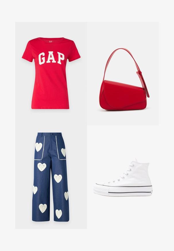 Rotes Baumwoll-T-Shirt mit Rundhalsausschnitt und kurzen Ärmeln, auf dem die Worte "GAP" in fetten weißen Buchstaben über die Brust gedruckt sind.; Sister Jane HEART TO HEART - Jeans Straight Leg - blue denim; Weiße hochwertige Leinensneaker mit schwarzer Gummisohle, vorderem Gummizehenschutz und sechs Ösen für Schnürsenkel, die ein sauberes, minimalistisches Design aufweisen.; Rote Lederhandtasche mit einem kantigen, geometrischen Design. Verfügt über einen verstellbaren Schulterriemen und einen Klappenverschluss mit genähten Details.