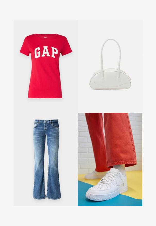 Rotes Baumwoll-T-Shirt mit Rundhalsausschnitt und kurzen Ärmeln, auf dem die Worte "GAP" in fetten weißen Buchstaben über die Brust gedruckt sind.; Hellblaue Jeans im Schlagstil mit ausgebleichtem Waschlook, fünf Taschen, gestickten Details und einem Reißverschluss mit Knopfverschluss.; Weiße Leder-Sneaker mit perforiertem Zehenbereich, strukturiertem Sohlen und weißen Schnürsenkeln, kombiniert mit weiten roten Hosen und einem blauen und gelben Hintergrund.; Even&Odd Handtasche - off-white; Goldene Creolen mit einer glatten, glänzenden Oberfläche. Zirkuläres Design mit einem kleinen Stecker und einer klaren Rückseite für einen sicheren Sitz.