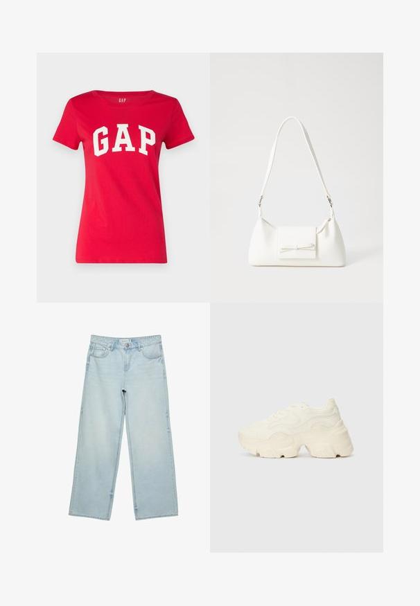 Rode katoenen T-shirt met een ronde hals en korte mouwen, met het woord "GAP" in dikke witte letters over de borst gedrukt.; Lichtblauwe wijde spijkerbroek van denim, met een hoge taille, vijf zakken en subtiele vervaging. Rechte snit met omgezoomde randen.; Chunky witte sneakers gemaakt van geperforeerd mesh en synthetische materialen, met een dikke zool en ingewikkelde patroon details aan de zijkanten.; Witte synthetische handtas met een driehoekige vorm, platte voorklep en strikdetail, verstelbare schouderriem, gladde textuur en minimalistisch ontwerp.