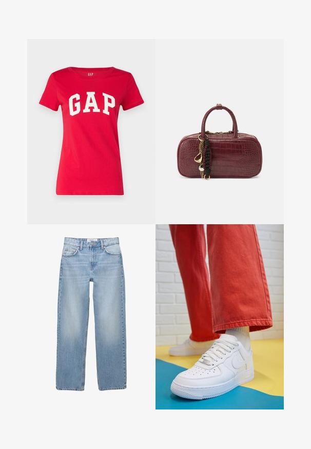 Rotes Baumwoll-T-Shirt mit Rundhalsausschnitt und kurzen Ärmeln, auf dem die Worte "GAP" in fetten weißen Buchstaben über die Brust gedruckt sind.; Helle blaue Jeans aus Denim mit geradem Bein, Fünf-Taschen-Stil und sichtbaren Nähdetails. Der Stoff hat eine weiche, leicht ausgewaschene Textur.; Weiße Leder-Sneaker mit perforiertem Zehenbereich, strukturiertem Sohlen und weißen Schnürsenkeln, kombiniert mit weiten roten Hosen und einem blauen und gelben Hintergrund.; Burgunderfarbene Handtasche mit strukturiertem Krokodilmuster, zwei kurzen Griffen und dekorativen goldenen Hardware-Elementen, einschließlich eines Charms und einer Kettendetail.