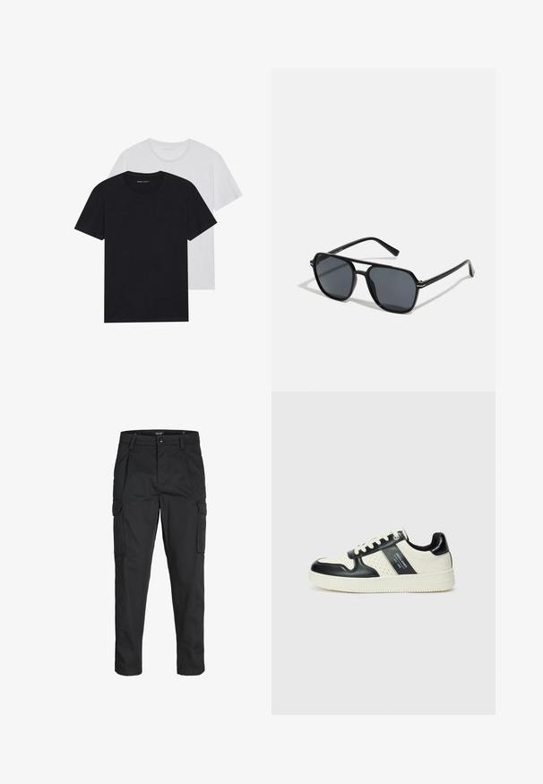 Črno-bele majice s kratkimi rokavi, kroj crew-neck, izdelane iz bombažne tkanine, gladke teksture, z blagovno znamko na izrezu vratu.; Črn srajčni zgornji del iz gladkega materiala, s klasičnim ovratnikom, dvema sprednjima žepoma in dolgimi rokavi z gumbi na manšetah.; Črne cargo hlače iz trdnega blaga, ki imajo več žepov, gumbasto zapiranje in ozek kroj z zožanimi nogami.; Usnjeni športni čevlji z črno in krem barvno shemo, ki vključujejo perforirane dodatke, podložen ovratnik in strukturirano podplat.; Črne sončne naočniki z oktagonalnim okvirjem, temnimi lečami, sijočo površino, tankimi nogicami in zlatimi detajli spredaj.