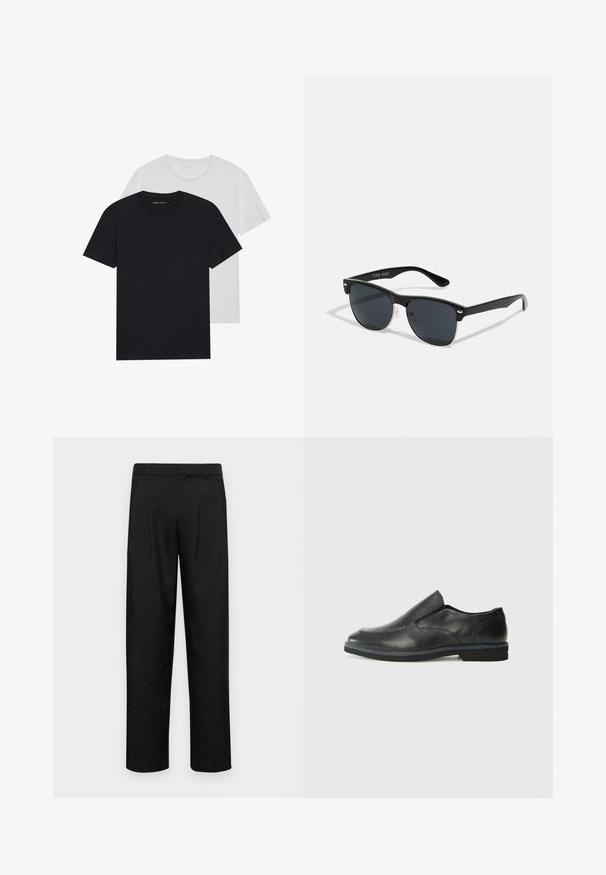 Juodos ir baltos spalvos apvalaus kaklo marškiniai, trumpomis rankovėmis, pagaminti iš medvilnės, lygus paviršius, su prekės ženklu ant kaklo.; Juodi kelnių modeliai, pagaminti iš lygios medžiagos, turi tiesią kojas, du priekiniai klostės ir standartinę juosmenį su diržo kilpomis.; Juodai odiniai įtvirtinimo batai su lygiu paviršiumi, siuvinėjimo akcentais, apvalia nosimi ir žemu guminiu kulnu. Pado raštas minimalus.; Juodos saulės akinių su stačiakampiu rėmeliu, tamsiais lęšiais, sidabrinėmis detalėmis šventrajose ir matinio paviršiaus rėmeliu.