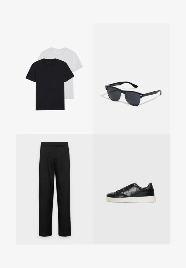 Juodos ir baltos spalvos apvalaus kaklo marškiniai, trumpomis rankovėmis, pagaminti iš medvilnės, lygus paviršius, su prekės ženklu ant kaklo.; Juodi kelnių modeliai, pagaminti iš lygios medžiagos, turi tiesią kojas, du priekiniai klostės ir standartinę juosmenį su diržo kilpomis.; Juodi sportiniai batai su tekstūruotu krokodilo odos pamušalu, apvalia kojų dalimi ir kontrastinga balta guma su lygiu paviršiumi.; Juodos saulės akinių su stačiakampiu rėmeliu, tamsiais lęšiais, sidabrinėmis detalėmis šventrajose ir matinio paviršiaus rėmeliu.