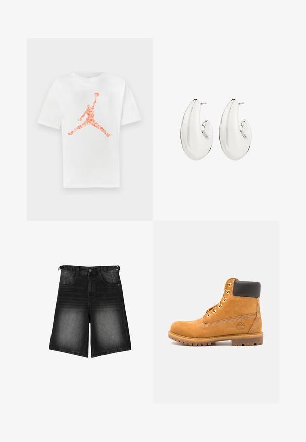 Weißes Baumwoll-T-Shirt mit einem orangefarbenen, floral gestalteten Jumpman-Logo, das in der Mitte aufgedruckt ist. Rundhalsausschnitt und kurze Ärmel.; Schwarze Denim-Shorts mit ausgebleichtem Finish, fünf Taschen, einem Knopfverschluss und Gürtelschlaufen. Der Stoff hat eine glatte Textur.; Braune Leder-Stiefelette mit schwarzer Polsterung, goldenen Ösen und einer strukturierten Sohle. Hat ein kreisförmiges Logo an der Seite und Nähakzente.; Silberfarbene Ohrringe mit einem länglichen, geschwungenen Design. Glatte, reflektierende Oberfläche mit einem durchstochenen Post-Rückteil.