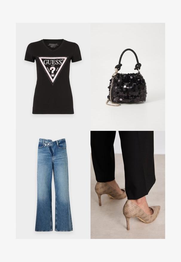 Tricou negru din bumbac cu guler în V și mâneci scurte, având un design cu un logo în formă de triunghi roz și alb, cu accente din strasuri.; Jeans din denim albastru deschis, cu fason evazat și talie înaltă, având două butoane și buzunare frontale. Materialul are o textură decolorată cu variații subtile.; Pantofi cu toc înalt bej, dintr-un material texturat ce prezintă un model repetitiv. Design cu vârful ascuțit, cu un accent la spate și detaliu auriu pe toc.; Geantă mini neagră cu paiete, cu un umar texturat înnodat și un lanț argintiu. Formă rotundă cu partea de sus adunată și detalii reflectorizante.