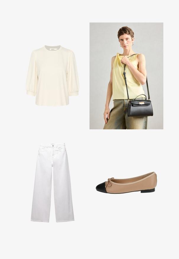 Cremefarvet top med korte, puffede ærmer, rund halsudskæring og en afslappet pasform. Fremstillet af blødt stof, ideelt til fritidsbrug.; Hvide brede ben jeans lavet af denim. Har knaplukning, front- og baglommer samt syede sømme. Glat tekstur med minimal detaljering.; Ballet flade i beige læder med spids sort tå. Har en frontsløjfe detalje og en glat tekstur. Lav profil design med en gummisål.; Sort læderhåndtaske med struktureret design, topbærerhåndtag og justerbar rem. Glat tekstur og detaljer med guldlås.