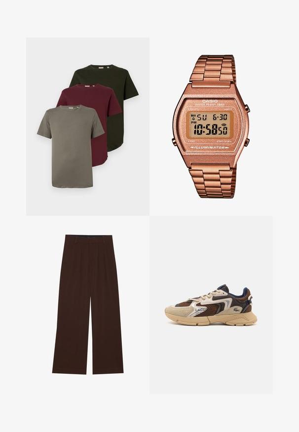 Tričko s krátkymi rukávmi v olivovej zelenej, burgundskej a sivej farbe, vyrobené z mäkkej bavlny, s okrúhlym výstrihom a voľným strihom.; Svetlohnedá, košeľová blúzka s dlhými rukávmi a golierom, vyrobená z textúrovanej látky. Obsahuje malé logo na hrudi.; Hnedé nohavice s širokými nohavicami a plisovaním. Vyrobené z hladkej látky, s upraveným pásom a bočnými vreckami. Rovný lem na spodnej časti.; Béžové a hnedé tenisky s textúrovanými sieťovinovými panelmi, semišovými akcentmi a gumovou podrážkou. Obsahujú šnurovací dizajn a značkovú grafiku.; Digitálne hodinky Casio s kovovým remienkom v ružovom zlate, obdĺžnikovým puzdrom, osvetleným displejom a vodoodolnosťou, zobrazuje čas a dátum.