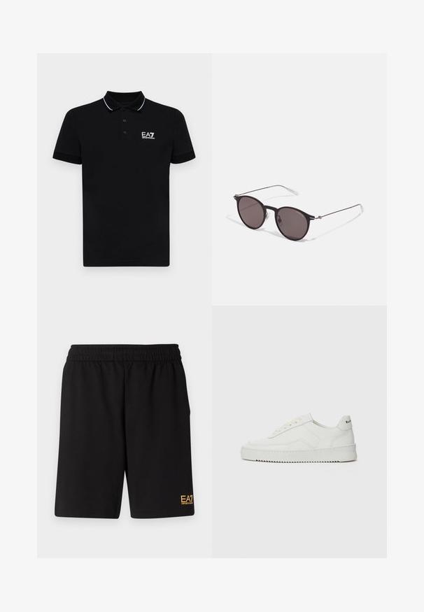 Svart poloshirt med krage, tre knapper og hvite aksentstriper. Brodert EA7-logo på venstre bryst. Korte ermer.; Sorte treningsshorts laget av mykt stoff, med elastisk midje og en liten gul EA7-logo nederst på venstre ben.; Hvite lærersneakers med en jevn overflate, rund tå, flate lisser og en teksturert såle. Har en subtil logo på hælen.; Sorte, runde solbriller med mørke linser og slanke metalarmer. Inkluderer klare temple tips og sølvfargede detaljer ved hengslet. Minimalistisk design.
