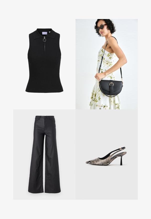 Mustem sleeveless topp, ribade tekstuuriga, vormitud disain, Peter Pani krae ning eesmine lukustus, millel on ümmargune rõngas tõmbamine.; Mustad, laiad püksid kunstnahast. Omab kõrget vööd, vöökotte, kahte esipoolset taskut ja õmmeldud detaile.; Kitsas varvusega slingback kingad, mis on valmistatud tekstuuriga maosarnase materjali toel, omavad saledat musta kõrget kontsa ja lõikega disaini külgedel.; Mustmust mustraha kõverate joontega, eemaldatava rihmaga ja kuldsete detailidega. Kotil on klapp, millel on pandladetail.