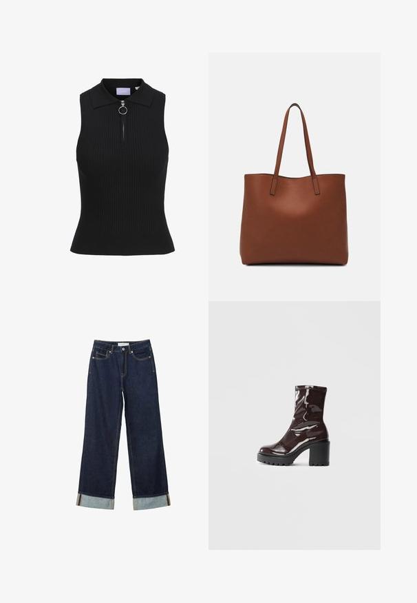 Mustat hihattomat paita, jossa on ribbikuvio, kapeasti istuva malli, Peter Pan -kausi ja edessä vetoketju, jossa on pyöreä renkaanvetimien.; Tummansinisiä leveälahkeisia farkkuja, joissa on korkea vyötärö, käännetyt lahkeet, kontrastiväriset ompeleet ja viisi taskua. Valmistettu denim-kankaasta.; Satea bordeaux berwarna mengkilap dengan tumit hitam tebal, menampilkan tekstur halus dan desain sederhana. Tanpa pengikat atau pola yang terlihat.; Ruskea nahkainen olkalaukku, jossa on sileä pinta, avoin yläosa ja kaksi olkahihnaa. Omaavat vain minimaalisen ompelun eikä näkyvää metalliosaa.