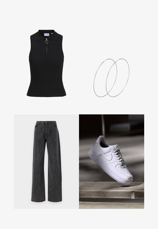 Svart ärmlös topp med ribbat mönster, figurnära design, Peter Pan-krage och framzip med en cirkulär dragkedja.; Noisy May NMJANNEL LOOSE - Jeans relaxed fit - black denim; Vit Nike Air Force 1-sneaker som svävar ovanför en betongyta med skuggor i en minimalistisk miljö.; Silverfärgade hoopörhängen med en minimalistisk design. Cirkulär form, slät yta och tunn profil. Lätta med en polerad finish.