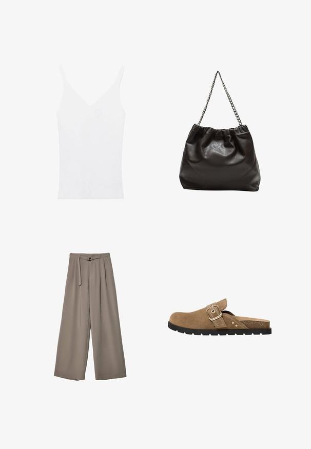 Bílý top bez rukávů s tenkými ramínky, výstřihem do V, přiléhavým střihem a vroubkovanou texturou. Materiál vypadá měkký a lehký.; Kalhoty s širokými nohavicemi v měkké, tlumené šedé látce, s páskem v pase a sklady pro přidaný designový detail. Hladká textura, bez vzorů.; Hnědé semišové kluzné sandály s kulatou špičkou, nastavitelným popruhem se sponou a textura podložkou. Mají černou gumovou podrážku s drážkami.; Hnědá kožená taška se sbíraným vrškem a řetízkovým popruhem. Hladký povrch s lesklým finišem a jemným švem na bocích.